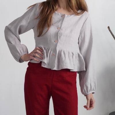 Leinenbluse mit langen Ärmeln und Knöpfen, geraffte Crop-Bluse - NARVA