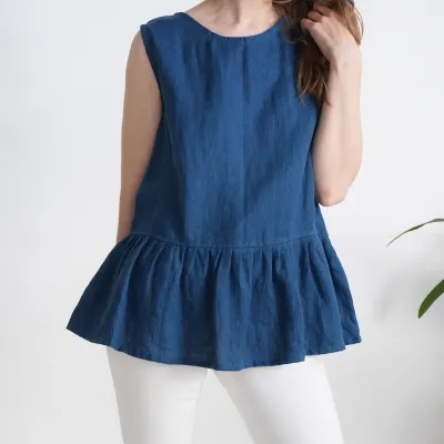 Linen sleeveless blouse, swing top with ruffles - ILI
