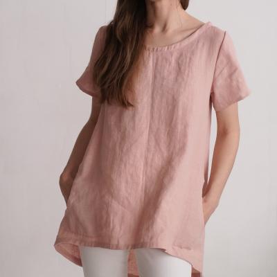 Leinentop mit Taschen, kurzärmelige Leinenbluse - YALONG