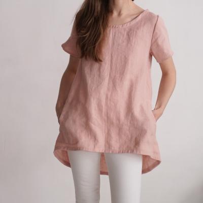 Leinentop mit Taschen, kurzärmelige Leinenbluse - YALONG