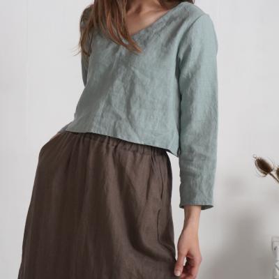Linen v-neck crop top, linen long sleeve crop top - DNIESTER