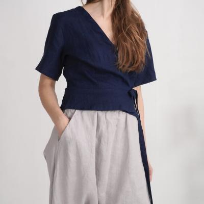 Leinen-Crop-Top, kurzärmeliges Leinen-Wrap-Top - CHURC