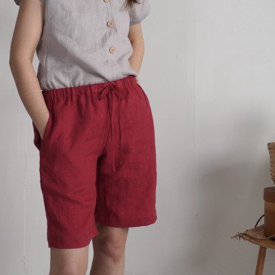 Linen long shorts with pockets, linen mom shorts - ALDAN