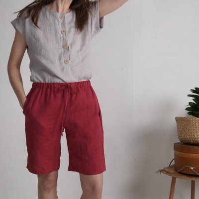 Linen long shorts with pockets, linen mom shorts - ALDAN