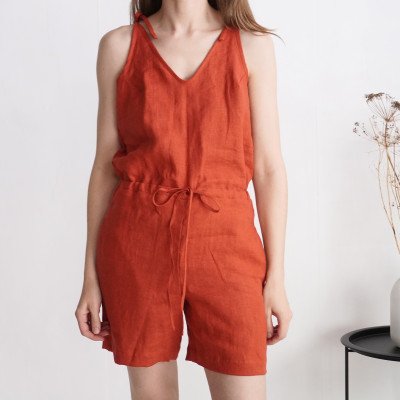 Short linen jumpsuit with straps, loose short linen jumpsuit - PECHORA