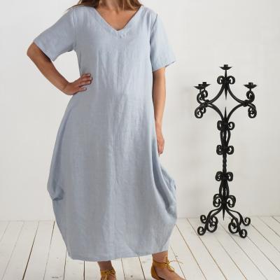 Linen maternity v-neck dress, linen balloon pregnancy dress - BELAYA