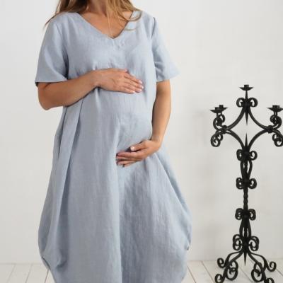 Linen maternity v-neck dress, linen balloon pregnancy dress - BELAYA