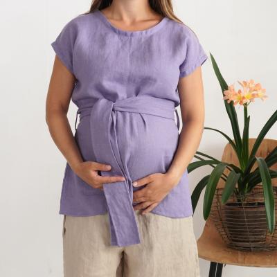 Linen pregnancy top with belt, maternity work fashion - SHEBELLE