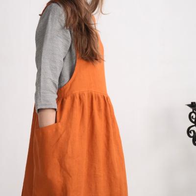 Ruffle pinafore linen apron, natural linen cross back apron with pockets