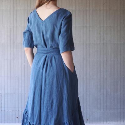 Linen maxi boho dress with longer back and belt - NERIS